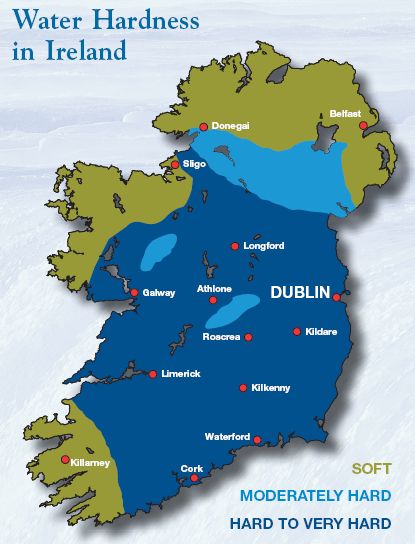 Water hardness in Ireland: Soft, Moderately Hard, Hard to very Hard.